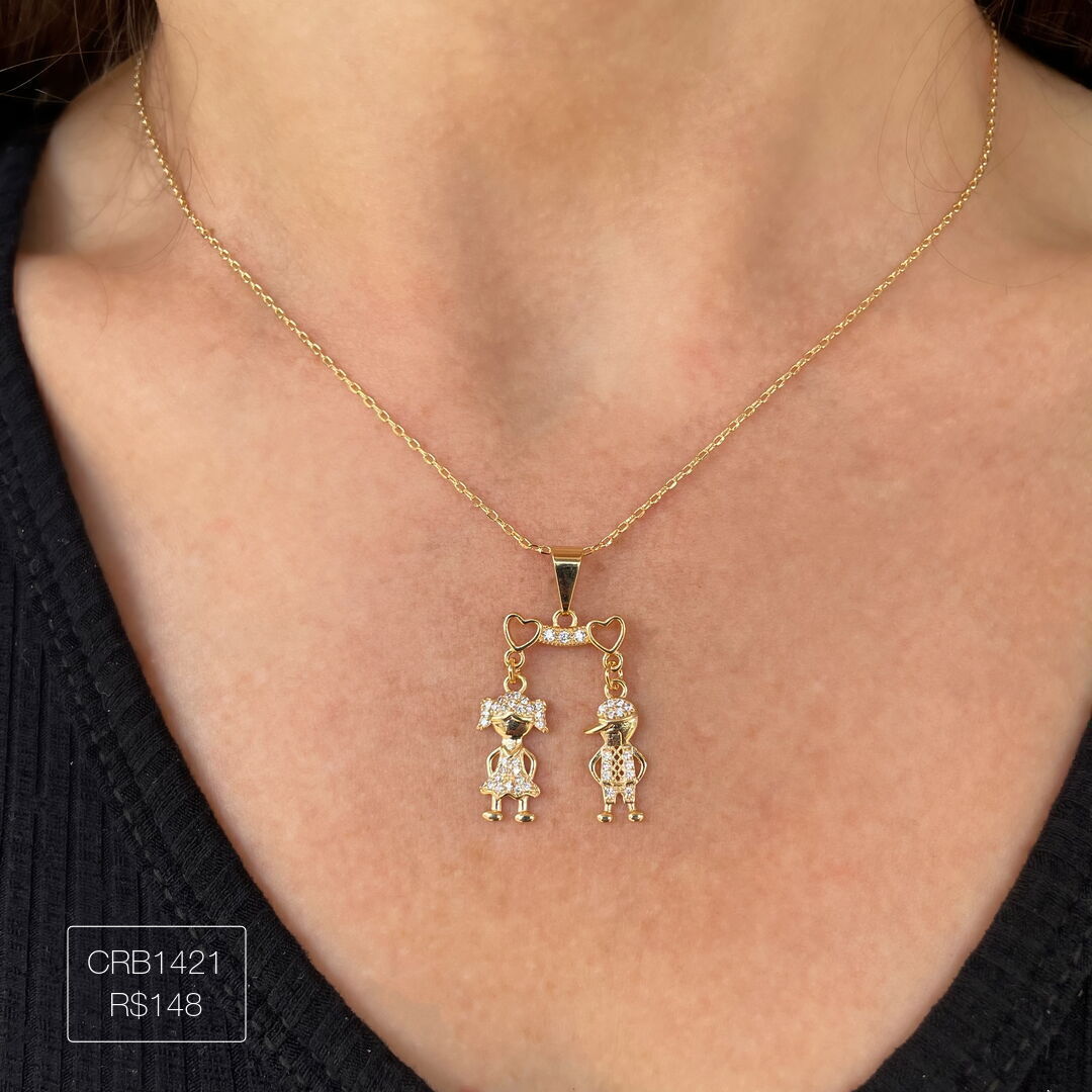 Colar Canga c/ 2 Filhos Cravejado Cristal Dourado